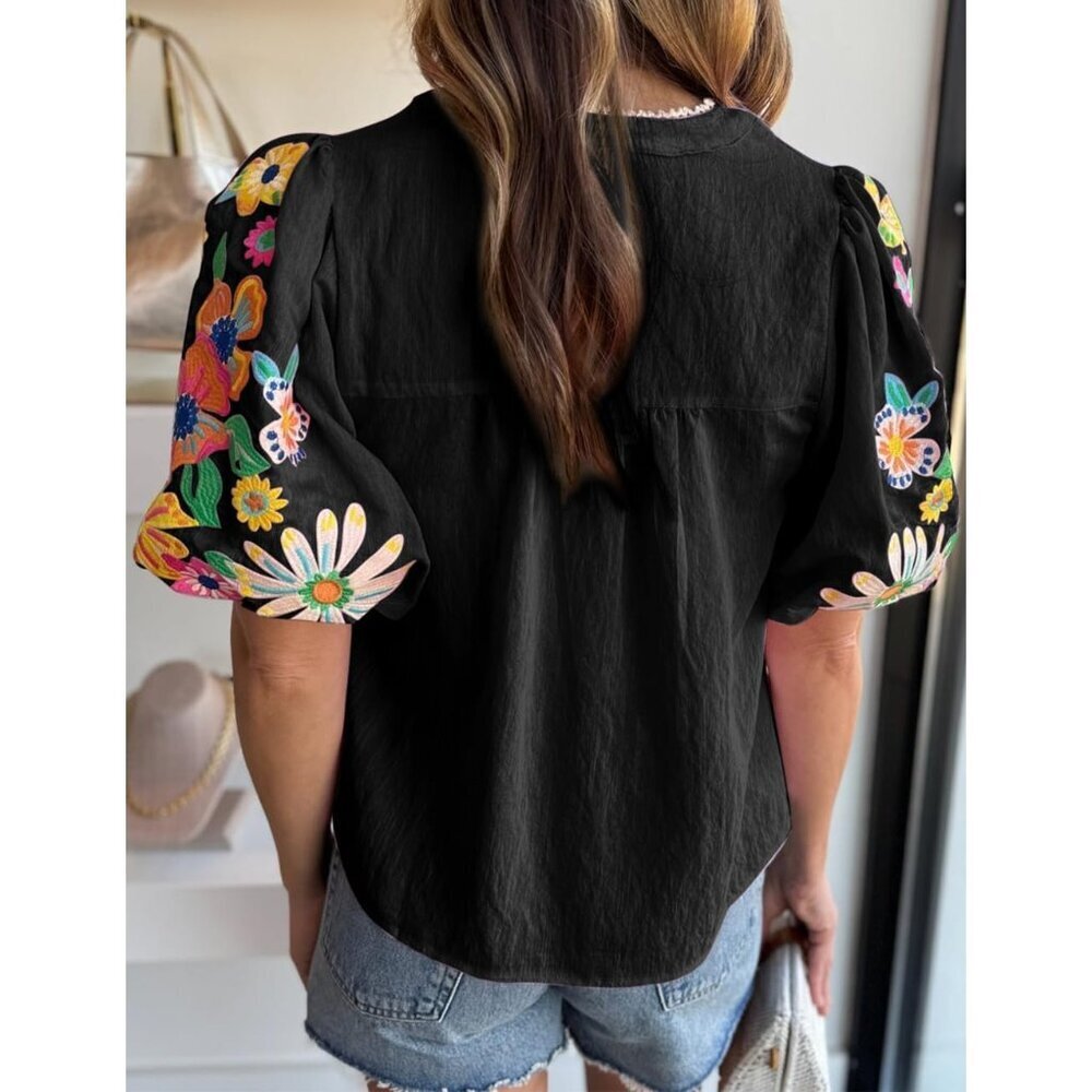 Women's Summer Boho Floral Embroidered V Neck Puff Sleeve Blouse Small - Picture 3 of 4